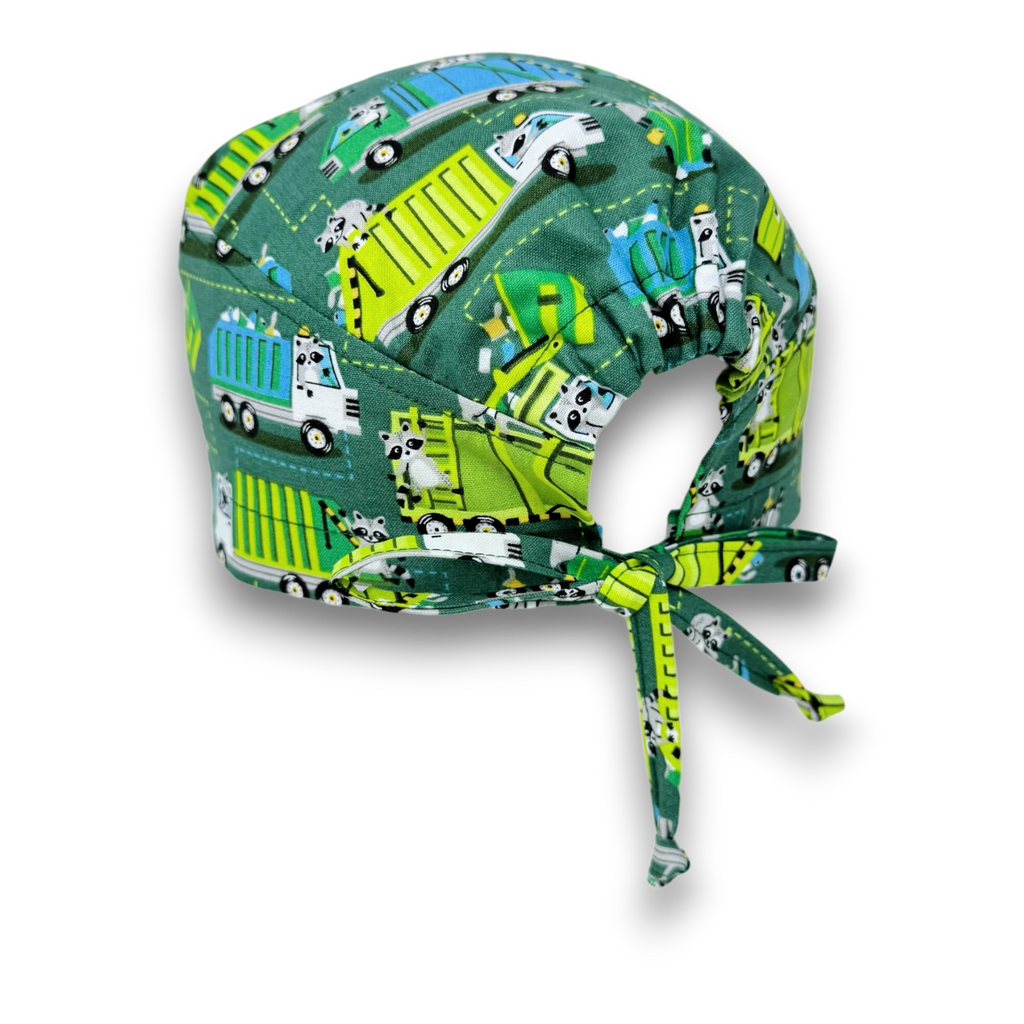 Men's surgical scrub cap. Garbage Truck Raccoon surgical hat by Paradise Caps.