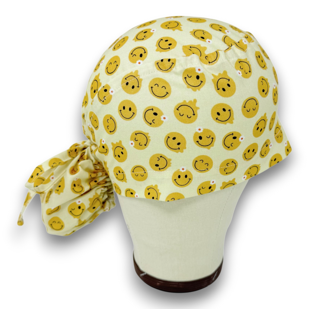 Ponytail scrub cap women. Smile Satin Lined option Ponytail scrub hat. Funny Scrub caps for women by Paradise Caps.