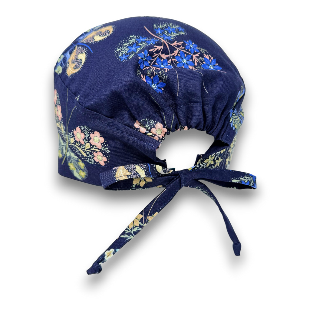 Blue Butterfly Skull tie-back style surgical scrub cap for men by Paradise Caps.
