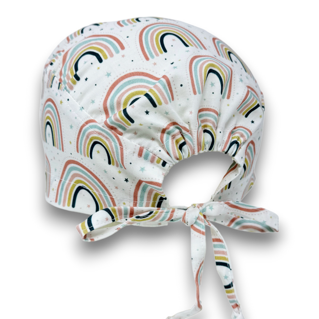Cute Rainbow Skull tie-back style surgical scrub cap for men by Paradise Caps.
