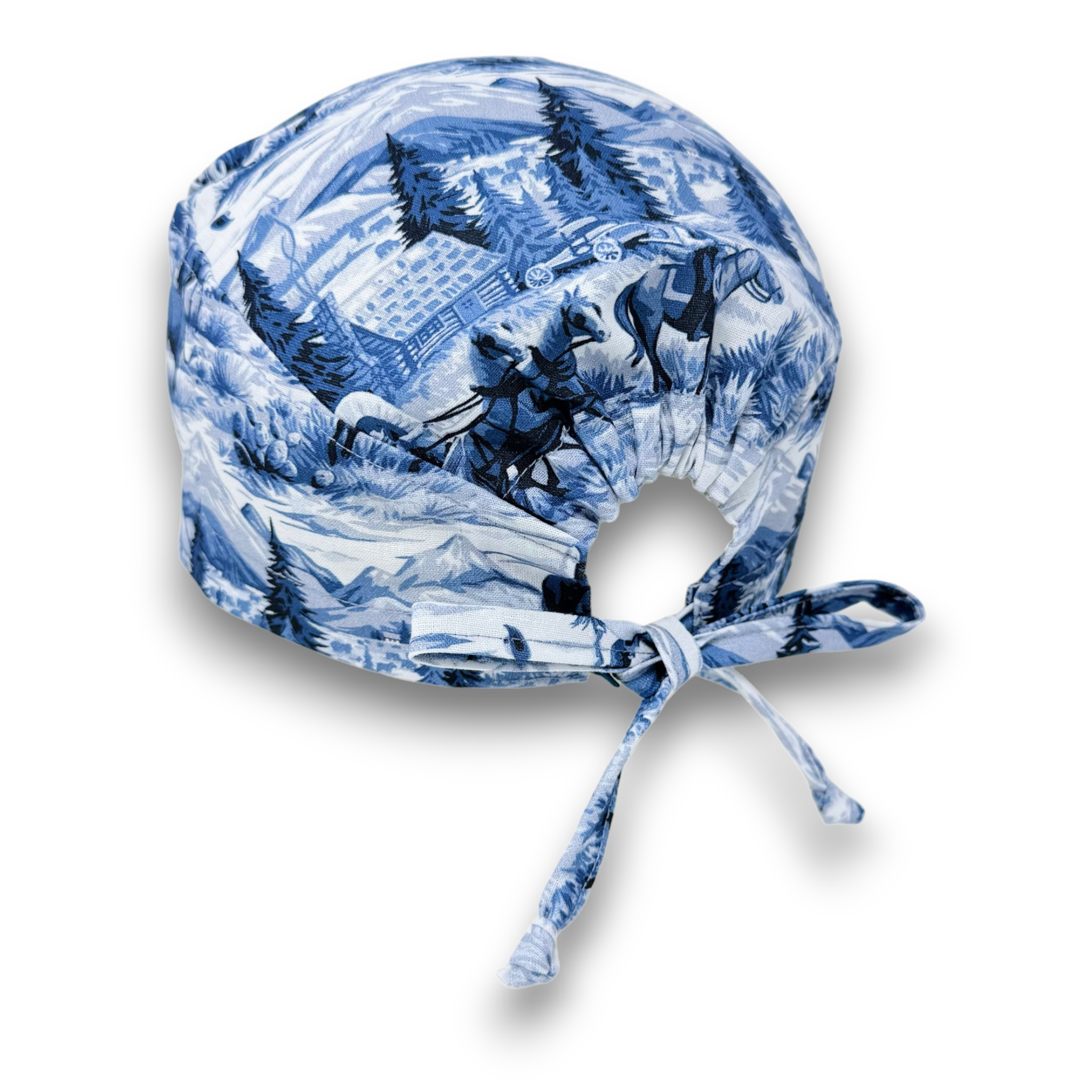 Men's surgical scrub cap. Wild West Blues skull tie-back style scrub hat by Paradise Caps.
