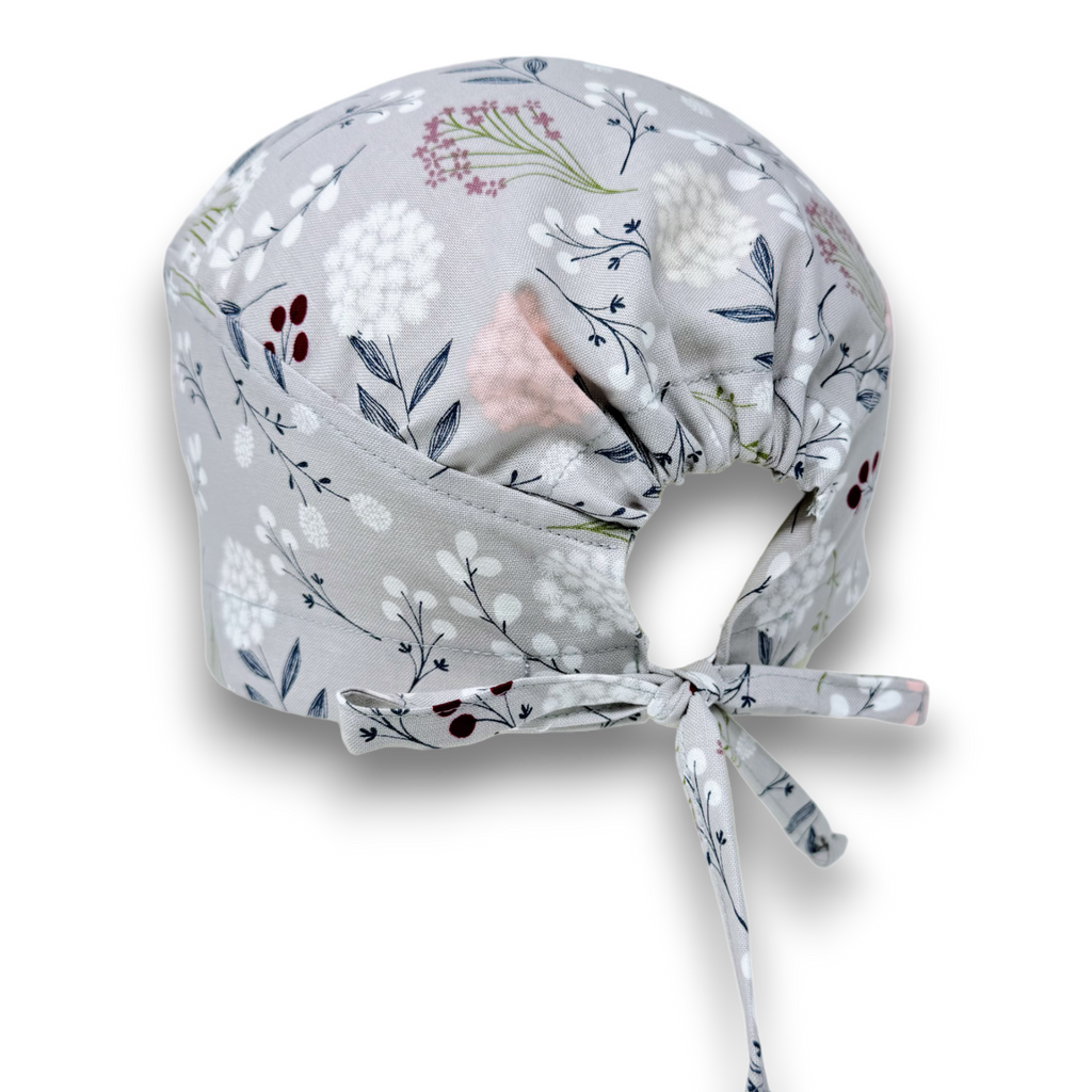 Flowers Skull tie-back style surgical scrub cap by Paradise Caps.