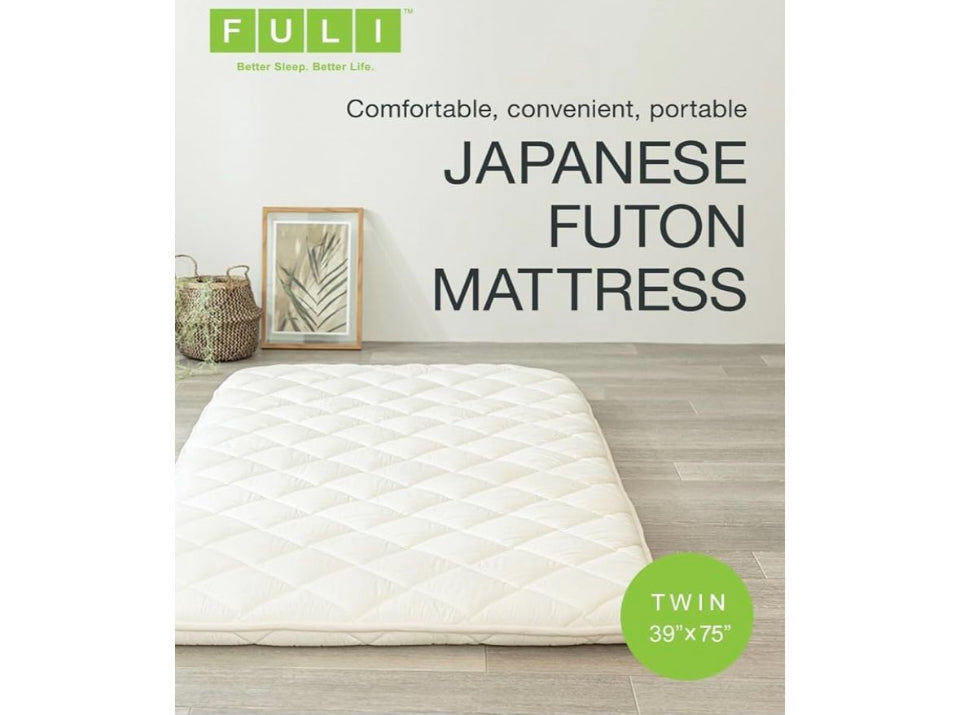 FULI Japanese Futon Mattress, Japanese Floor Mattress, Floor Bed, Tatami Foldable Bed, Roll Up Sleeping Pad, Shikibuton, Made in Japan (White, Twin)