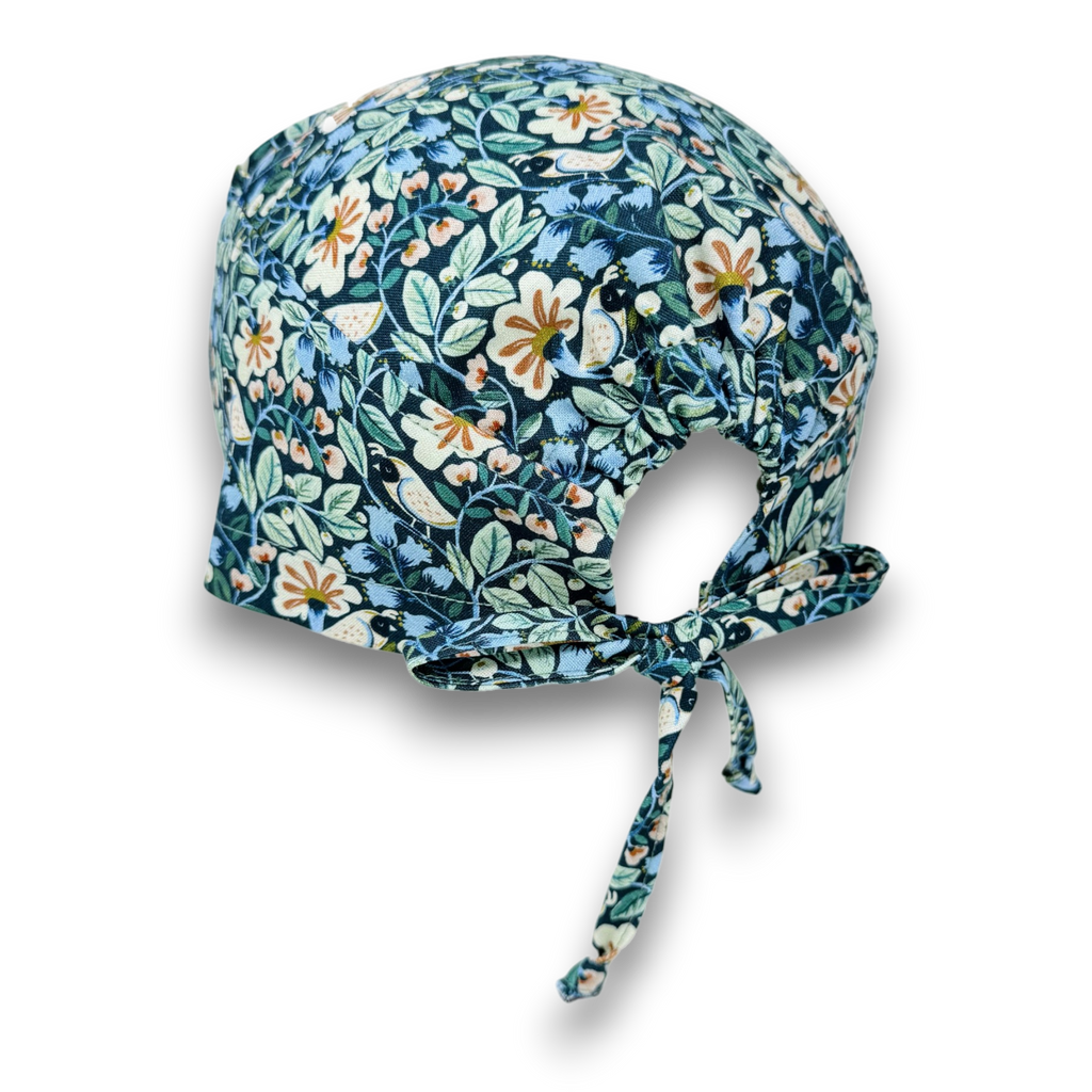 Bird & Floral Skull tie-back style surgical scrub cap for men by Paradise Caps.