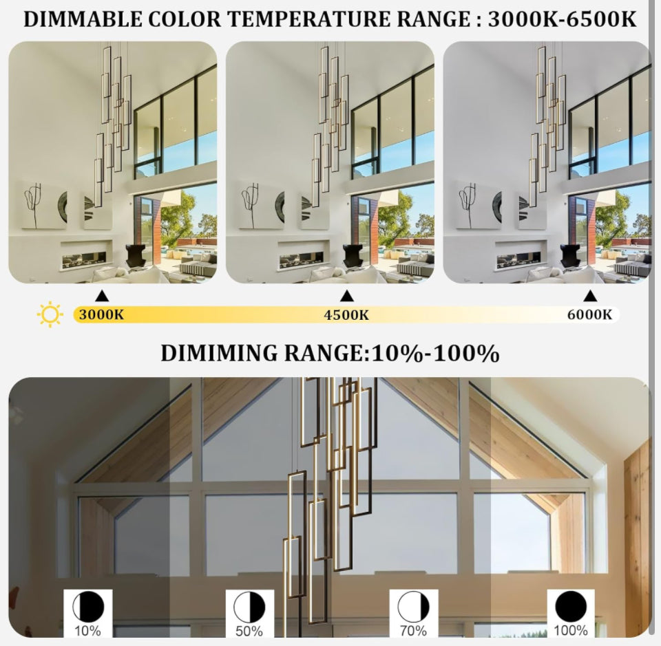 UPGENT Simple Modern LED Chandelier Stair Chandelier Dimmable 12 Ring Rectangular Chandelier high Door for Living Room lamp Hall lamp Remote Control