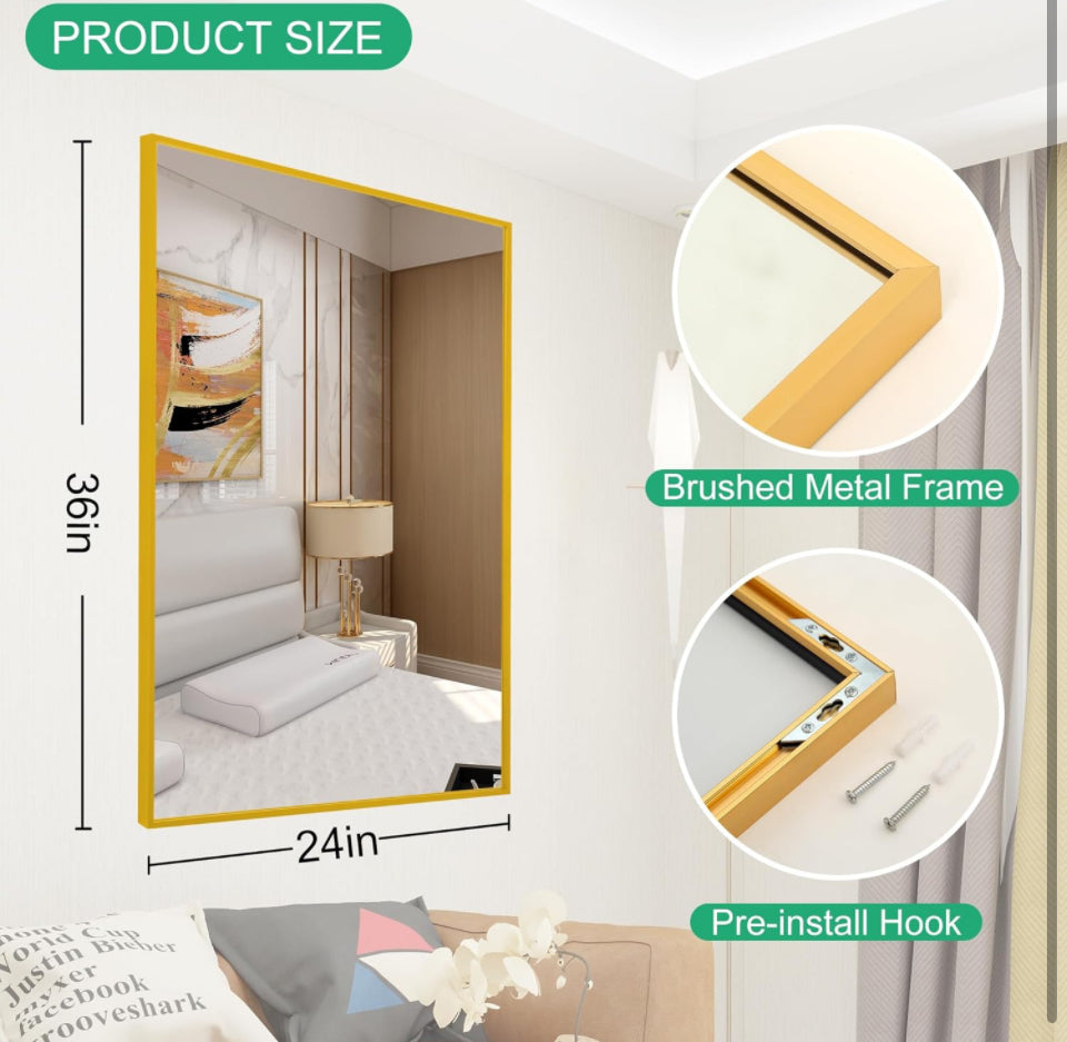 FANYUSHOW Rectangular Wall Mirror with Gold Metal Frame, 24X36 Inch Rectangle Mirror, Gold Bathroom Vanity Mirror Farmhouse, Anti-Rust, Tempered Glass