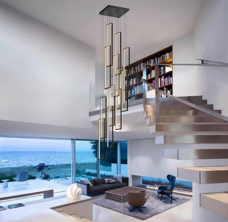 UPGENT Simple Modern LED Chandelier Stair Chandelier Dimmable 12 Ring Rectangular Chandelier high Door for Living Room lamp Hall lamp Remote Control