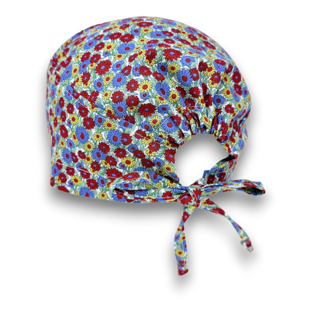 Summer Meadow Skull tie-back style surgical scrub cap for men by Paradise Caps.