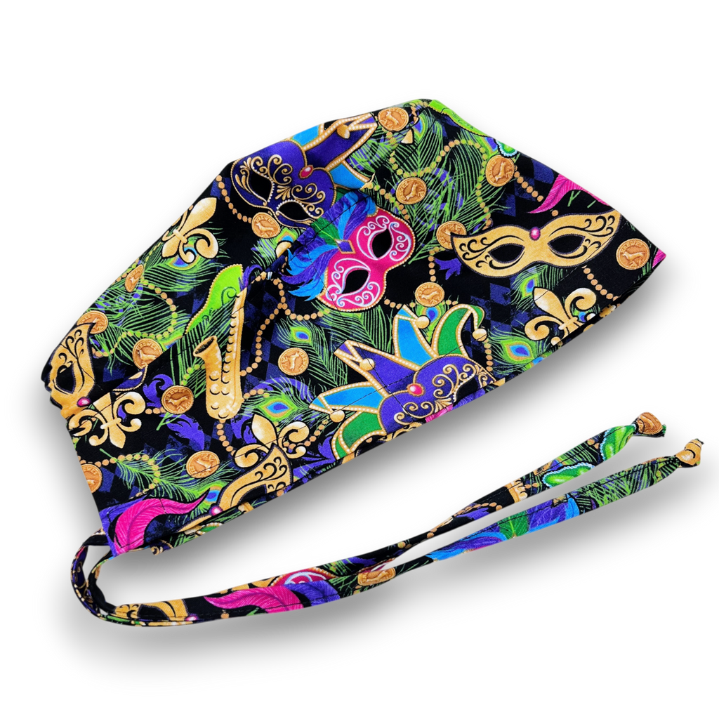 Mardi Gras Skull tie-back style surgical scrub cap for men by Paradise Caps.