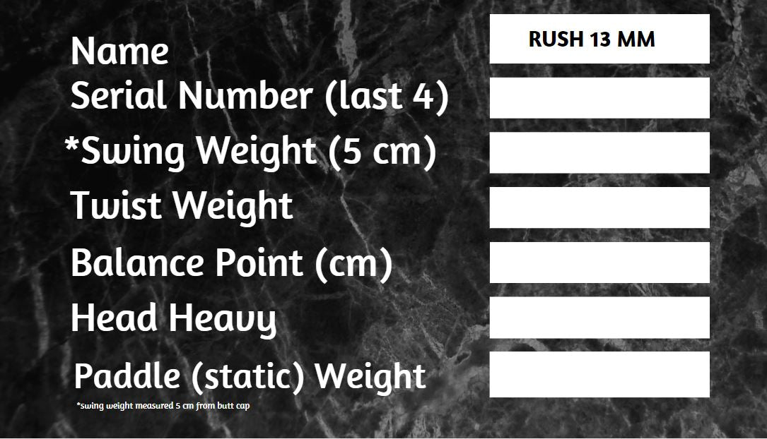 RUSH 13 (PINK)  Includes custom weight card, paddle cover, paddle eraser, and lead weights.