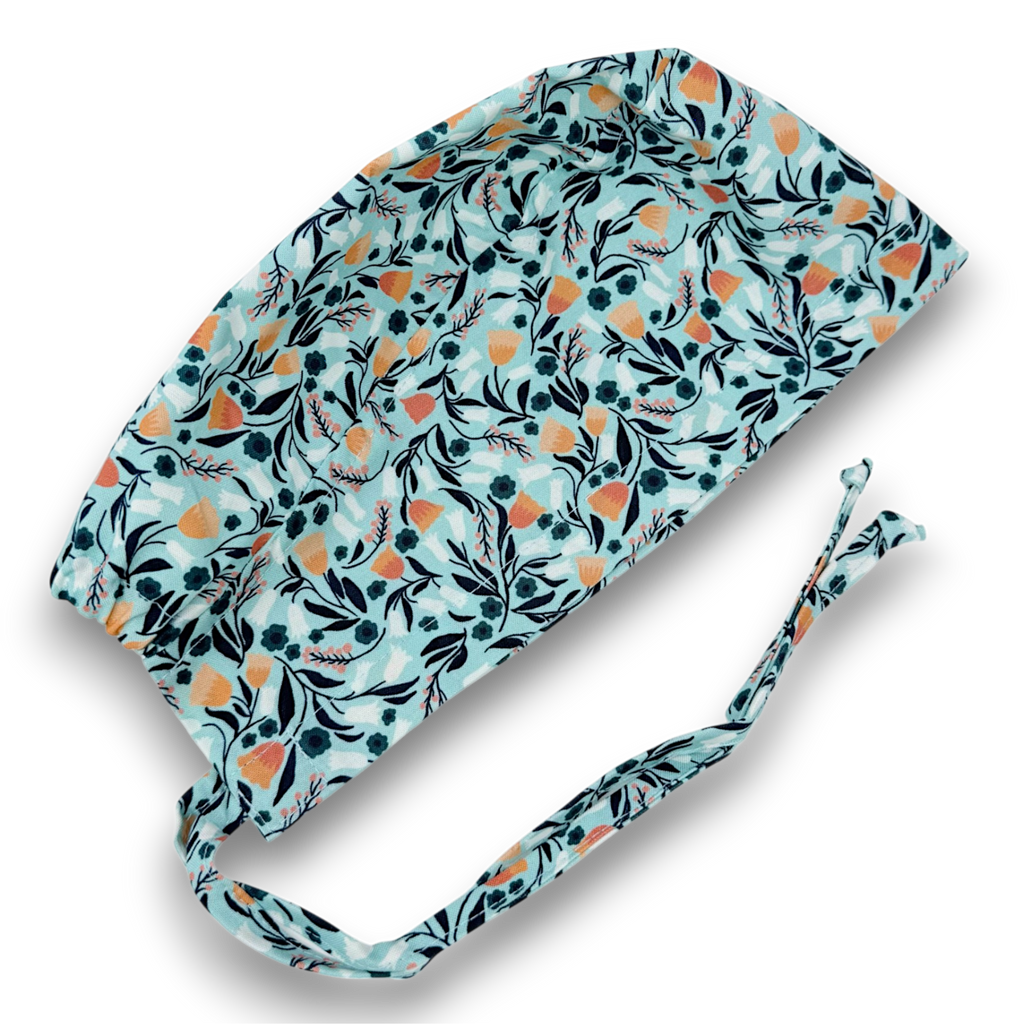 Orange bell Skull tie-back style surgical scrub cap by Paradise Caps.