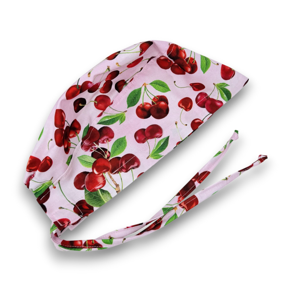 Cherry Skull tie-back style surgical scrub cap by Paradise Caps.