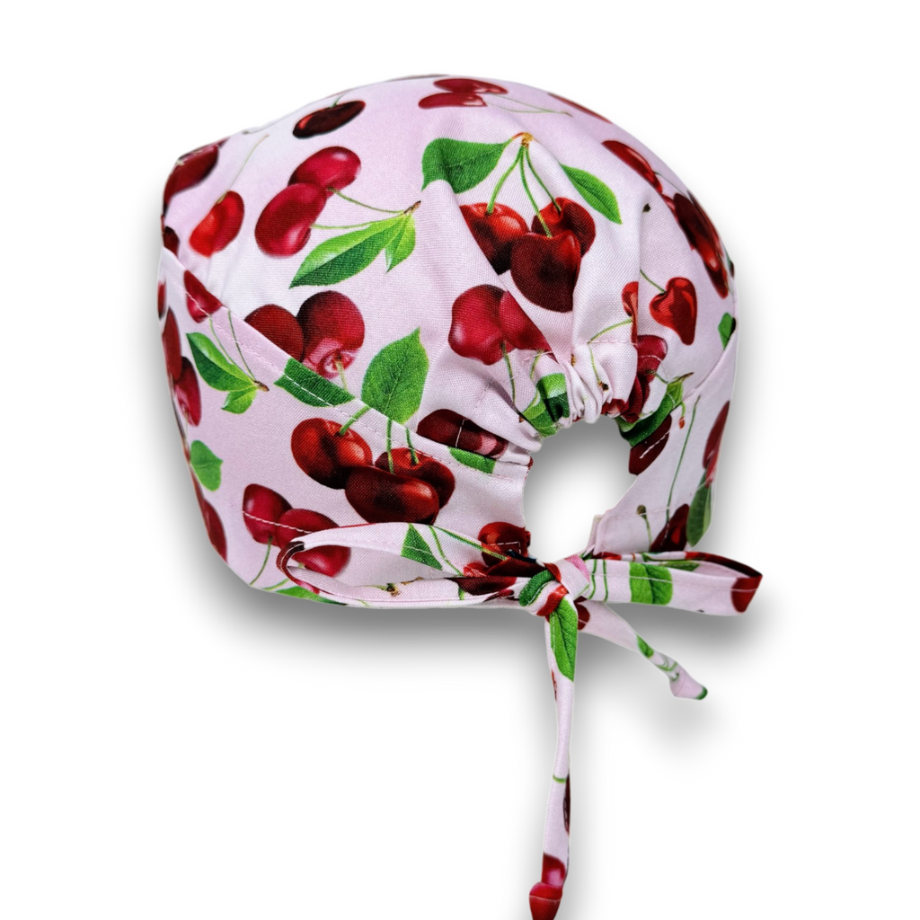 Cherry Skull tie-back style surgical scrub cap by Paradise Caps.
