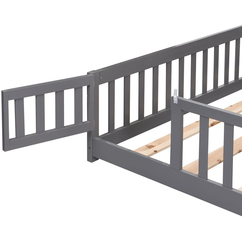 Full Size Floor Bed with Door, Solid Wood Platform Bed Frame with Fence, Suitable for children, Pine Wood