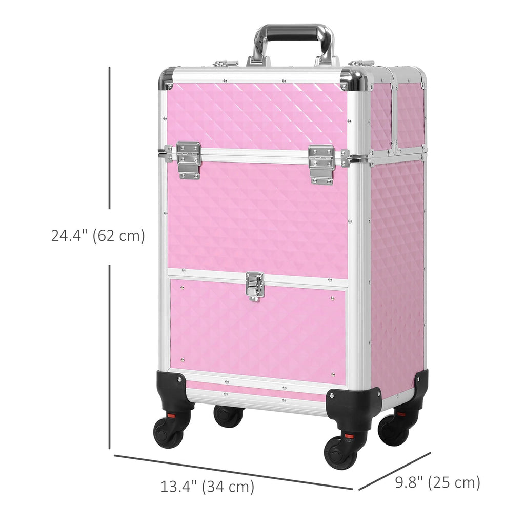 Makeup Train Case Portable Aluminum Rolling Cosmetic Organizer Trolley 4 Wheels Pink Salon Beauty Jewelry Storage