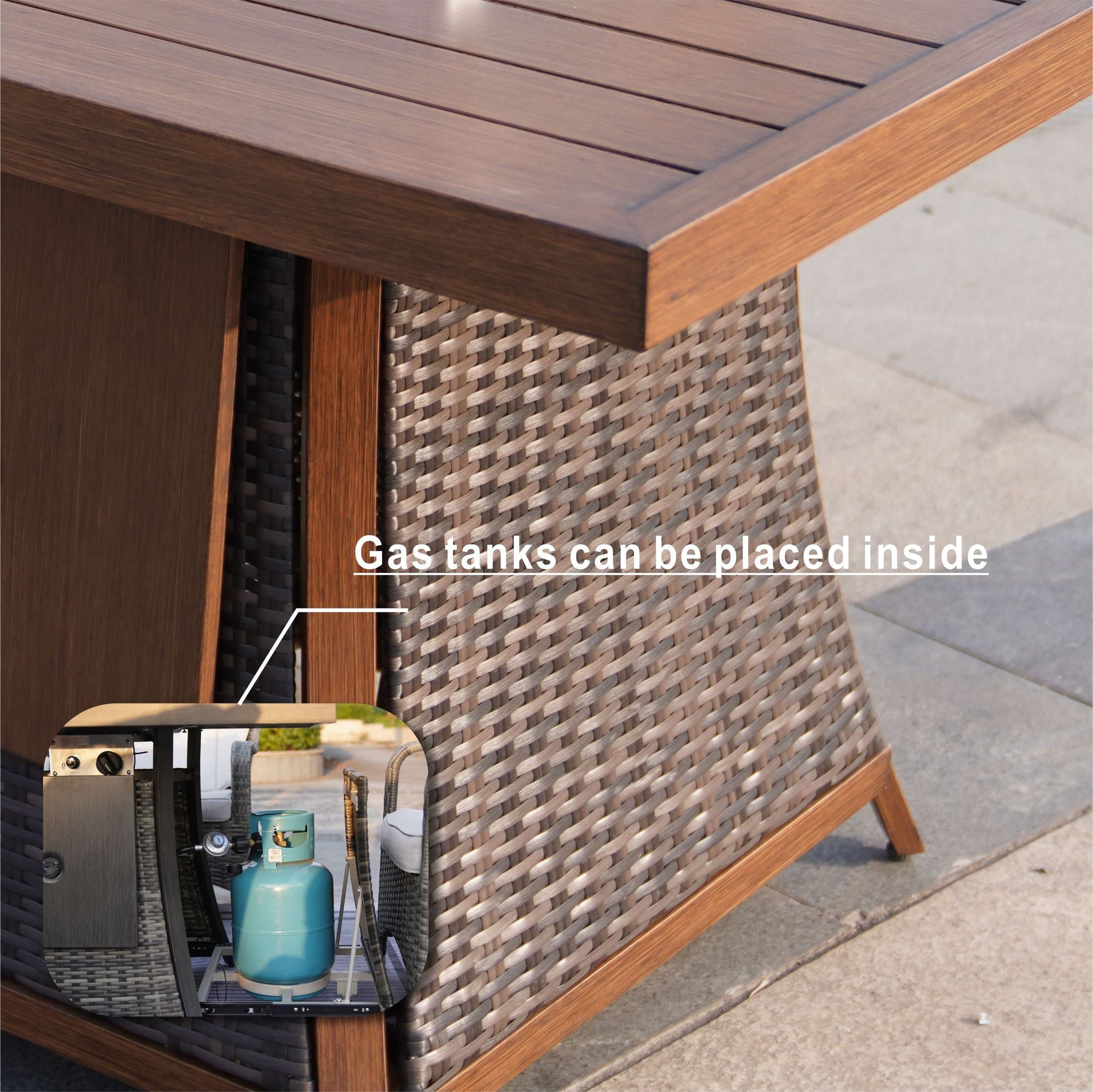 Direct Wicker 7 PCS Patio Gas Firepit and Ice Container Rectangle Dining Set with 6 Standard Height Chairs