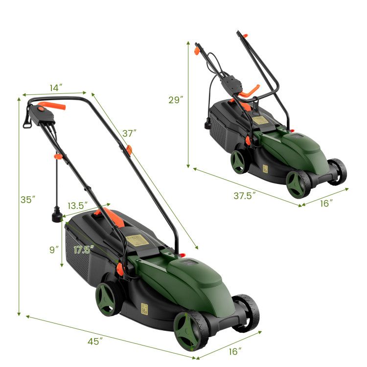 12-AMP 13.5 Inch Adjustable Electric Corded Lawn Mower with Collection Box