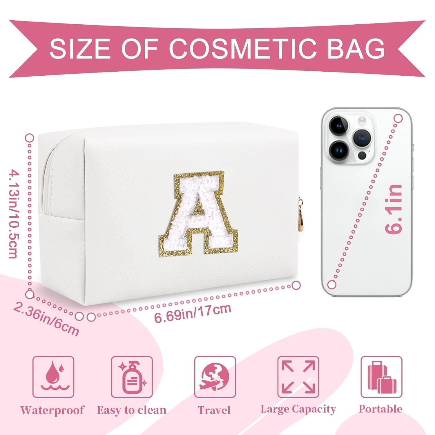 Small Personalized Initial A-Z Preppy Patch Makeup Bag,White PU Chenille Letter Travel Cosmetic Pouch with Zipper,Cute Toiletry Bag,Gift Ideal for Teen Girls Women Teacher Bridesmaid,Letter A