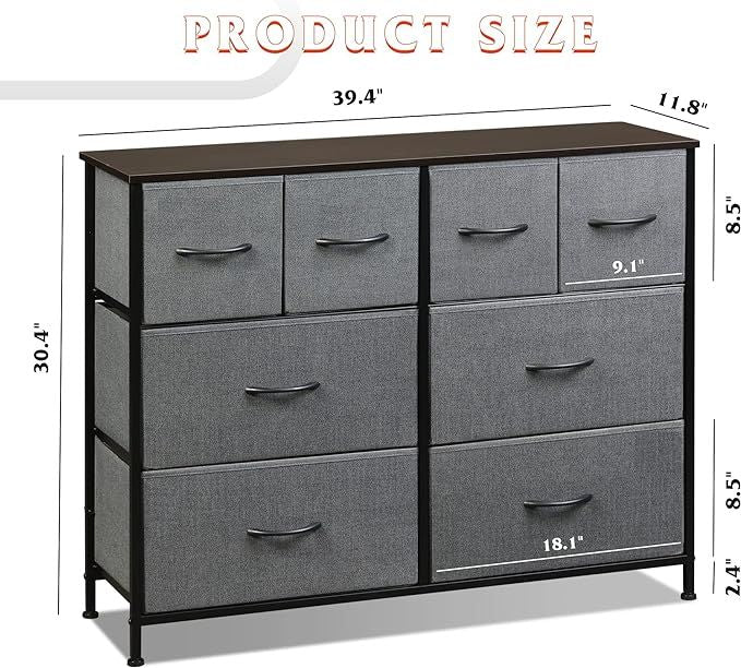 Dresser for Bedroom with 8 Drawers, Wide Fabric Dresser for Storage and Organization, Chest of Drawers, Dressers for Living Room, Closet, Hallway, Dark Grey