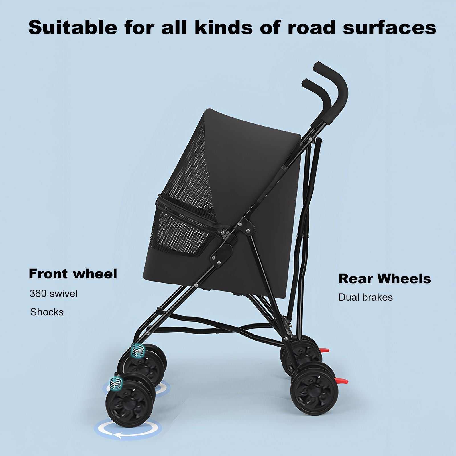 Pet Stroller for Small Dogs Cats with Mesh Ventilation, Lightweight Foldable Design, Cup Holder, Black