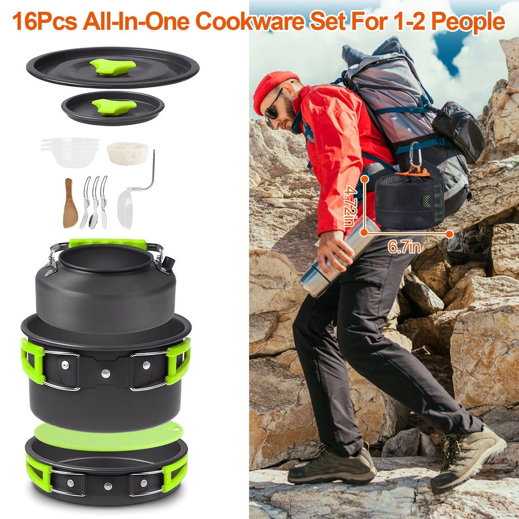 Camping Cooking Ware Set of 16Pcs Camping Stove Cookware Kit Aluminum Kettle with Bowls Knife Fork Spoon Carabiner Spatula Cutting Board for Hiking Picnic Outdoor