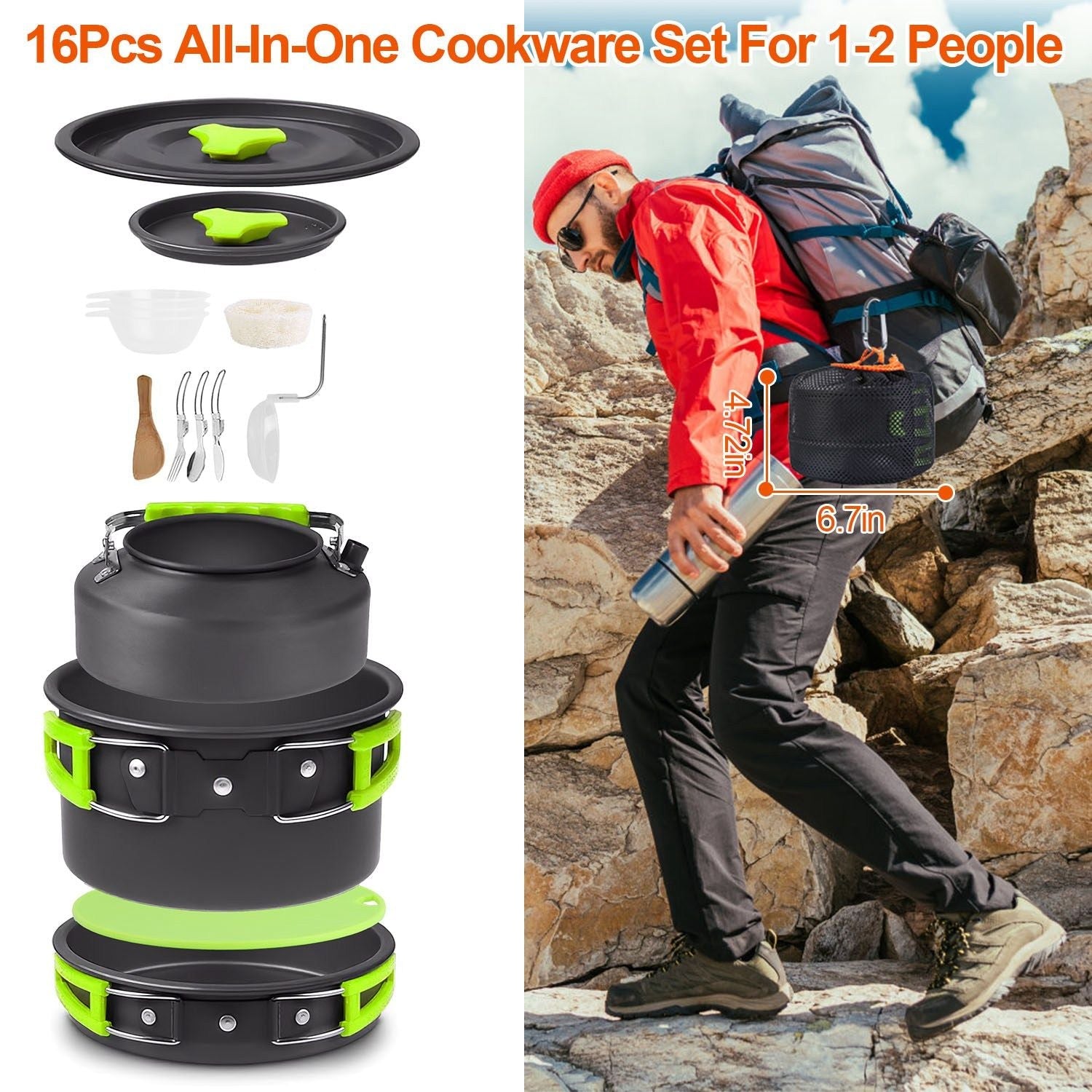 Camping Cooking Ware Set of 16Pcs Camping Stove Cookware Kit Aluminum Kettle with Bowls Knife Fork Spoon Carabiner Spatula Cutting Board for Hiking Picnic Outdoor