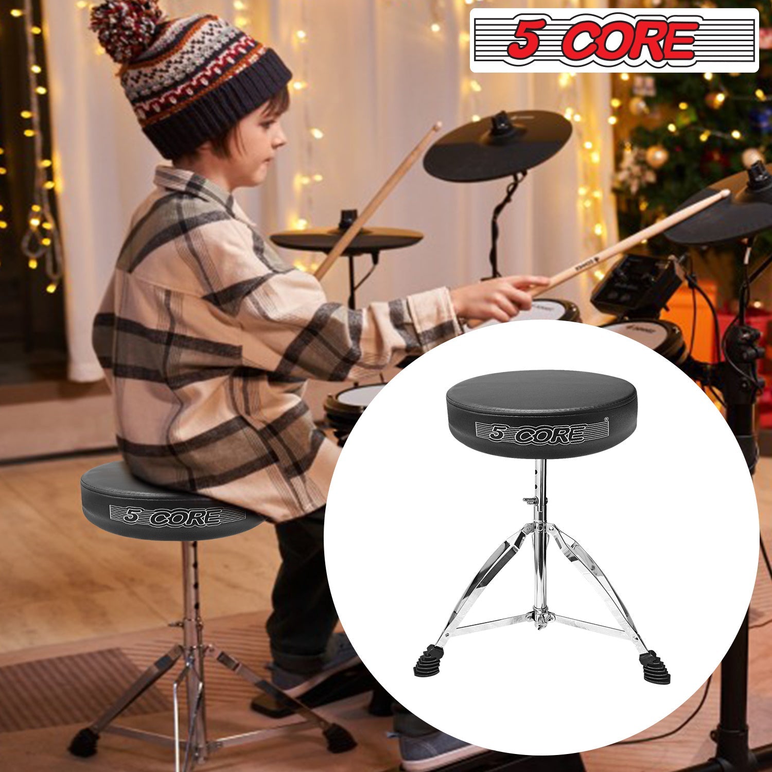 5 Core CHROME PRO Universal Drum Chair Round Padded Seat Throne Drum Stool Stand DS CH BLK