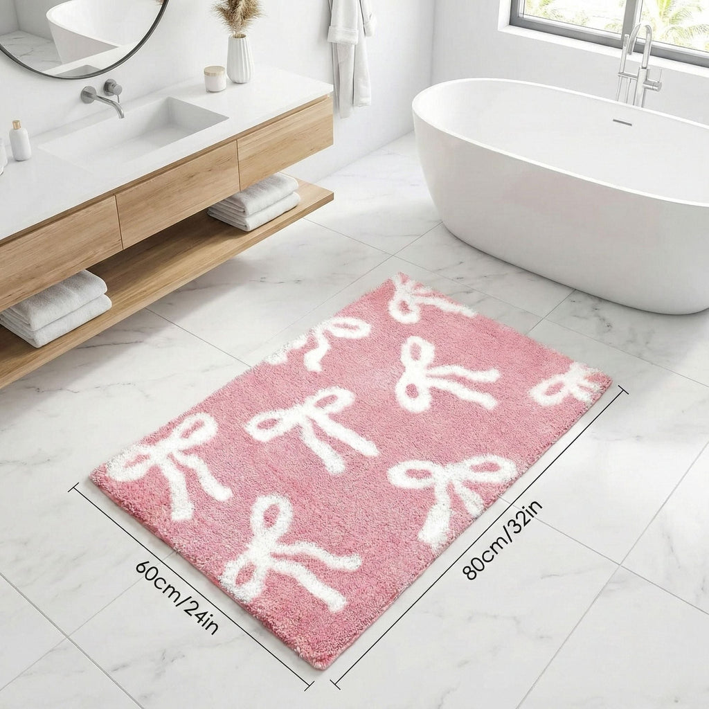 Bow Coquette Cute Bath Mat (20 X 32 Inch) – Non-Slip Absorbent Bathroom Rug For Vanity, Shower, Bedroom & Kitchen | Perfect Christmas Holiday Decor & Gift