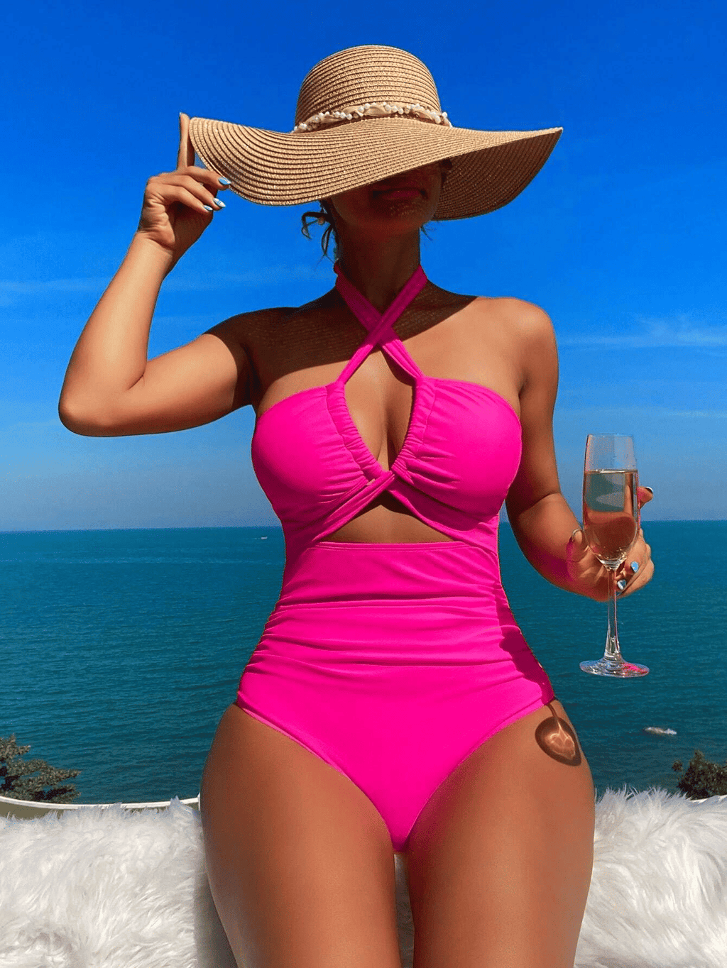 Ladies' cross pleated sexy hanging neck and exposed waist one-piece bikini swimsuit