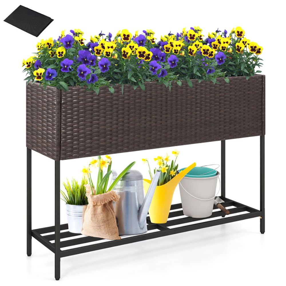 Raised Wicker Garden Bed with Storage Shelf and Removable Liner