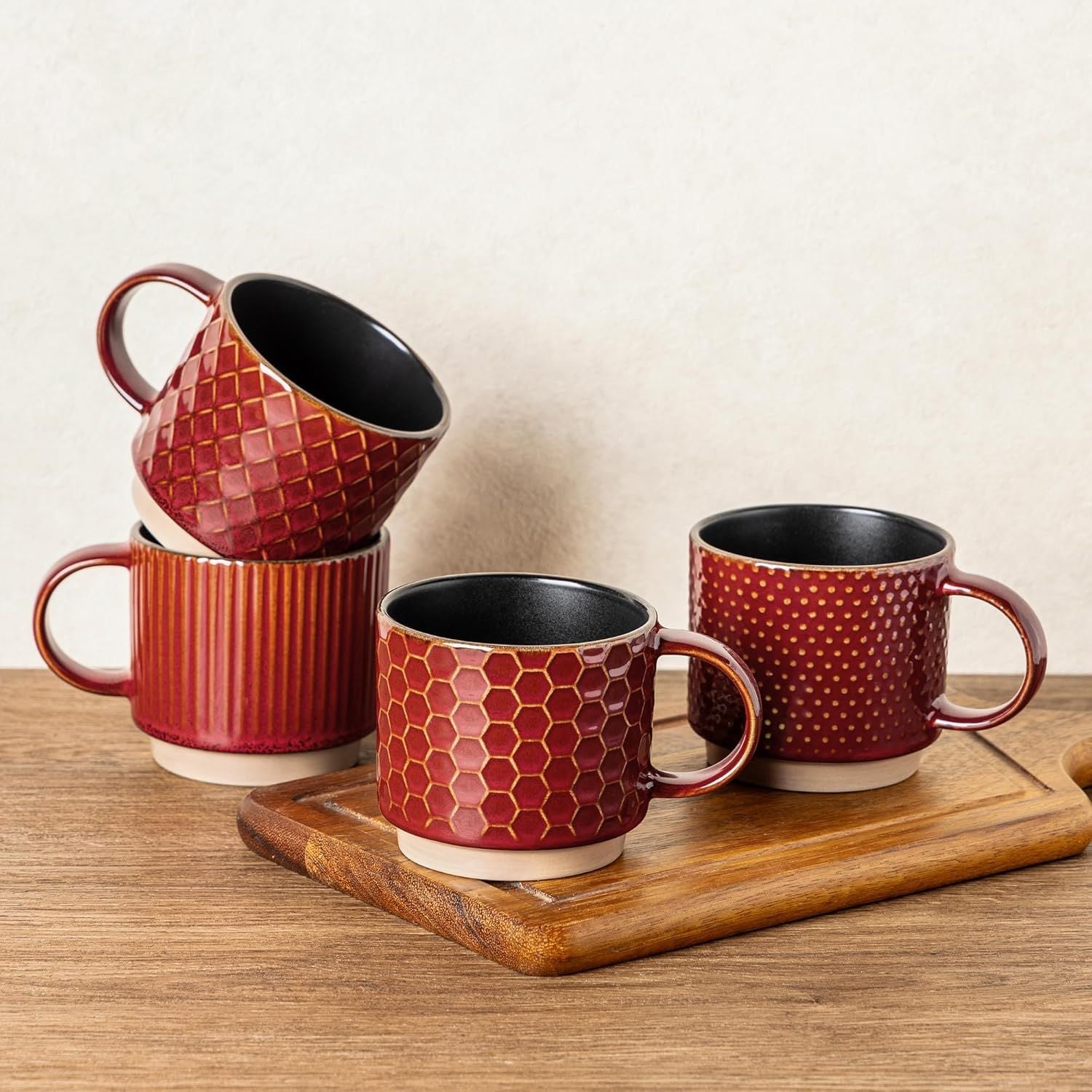12 OZ Stackable Coffee Mugs Set of 4, Ceramic Coffee Cups with Texture Patterns for Man,Woman,Dad,Mom, Modern Mugs Set for Latte/Cappuccino/Cocoa. Dishwasher&Microwave Safe, Red