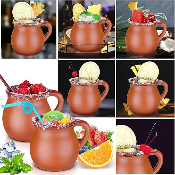 Pack of 6 12 oz Cantaritos De Barro Clay Cups Mexican Clay Mugs Fiesta De Barro Mexicanos Coffee Mugs, Cocktail Glasses and Tea Cups for Tequila, Margaritas, Mojitos Cold Hot Drinks (Brick Red)