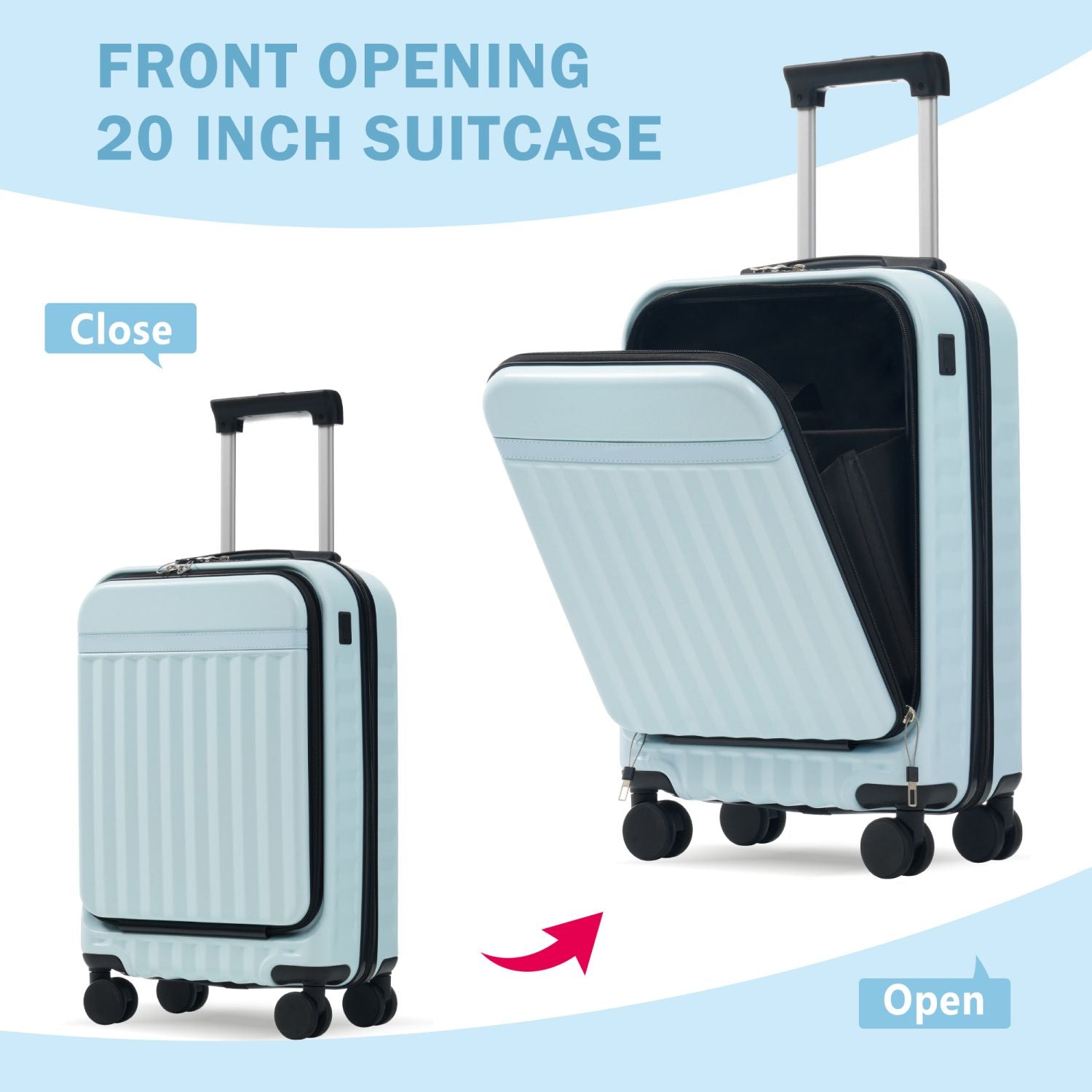 Front Opening Luggage Set 3 Piece, Hardside Carry on Suitcase with USB Port, Expandable Luggage with Handle Bag Spinner Wheels TSA Lock