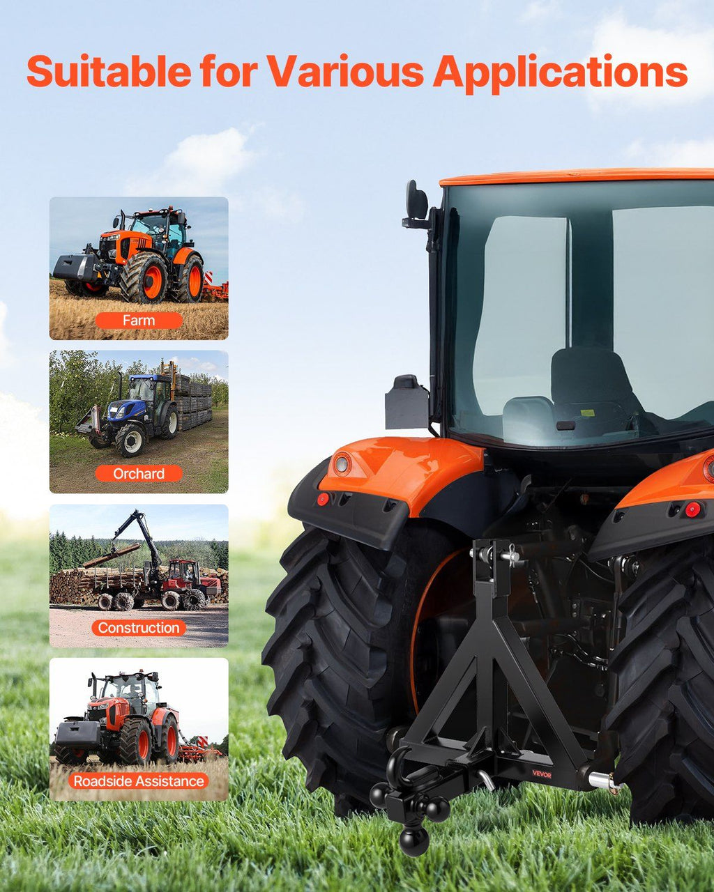 VEVOR 3 Point Trailer Hitch 2 in Receiver, 3pt Quick Hitch Attachment with 3 Trailer Balls, Tractor Tow Drawbar Adapter, Compatible with Kubota, Mahindra, Ford, Yanmar, John Deere, Massey Ferguson