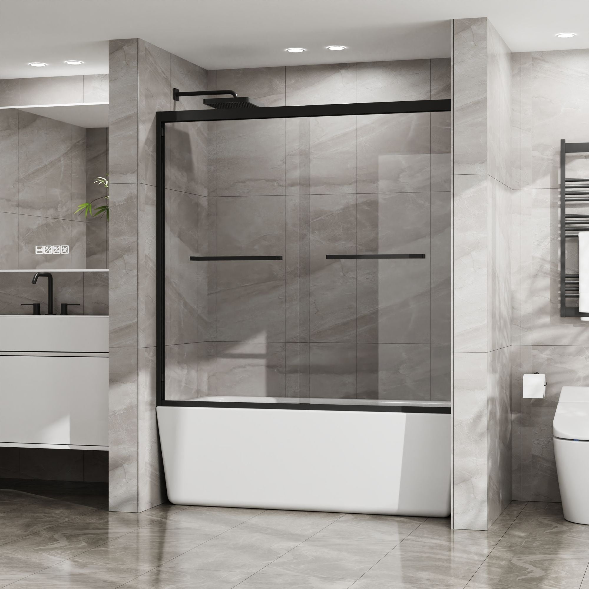 Double Sliding Bathtub Shower Door 60 in. W x 58 in. H Aluminum Framed Shower Enclosure for Tub with SGCC Clear Tempered Glass, Stainless Steel Hardware, Matte Black