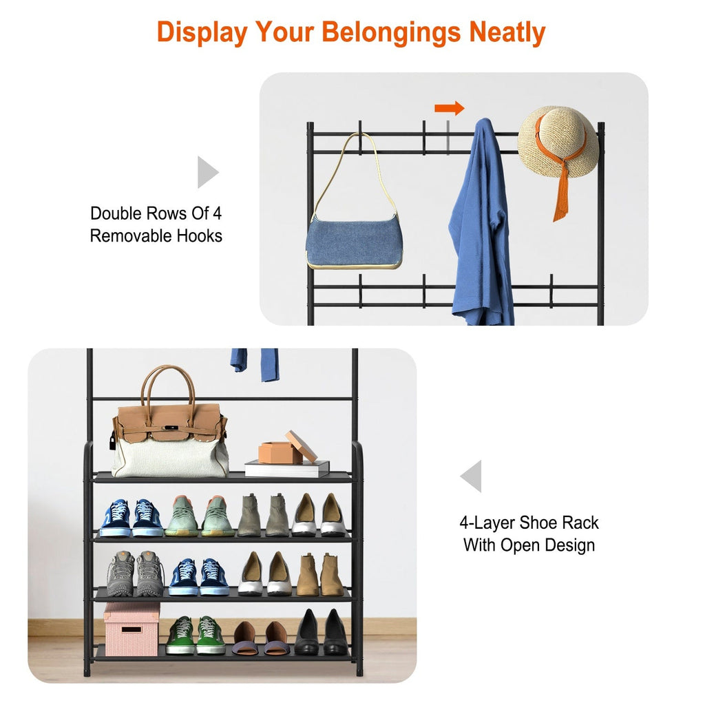 Entryway Coat Hat Rack Shoe Storage Shelf Shoe Rack Freestanding Hall Tree Garment Hanger Stand Clothes Shoe Organizer Combo