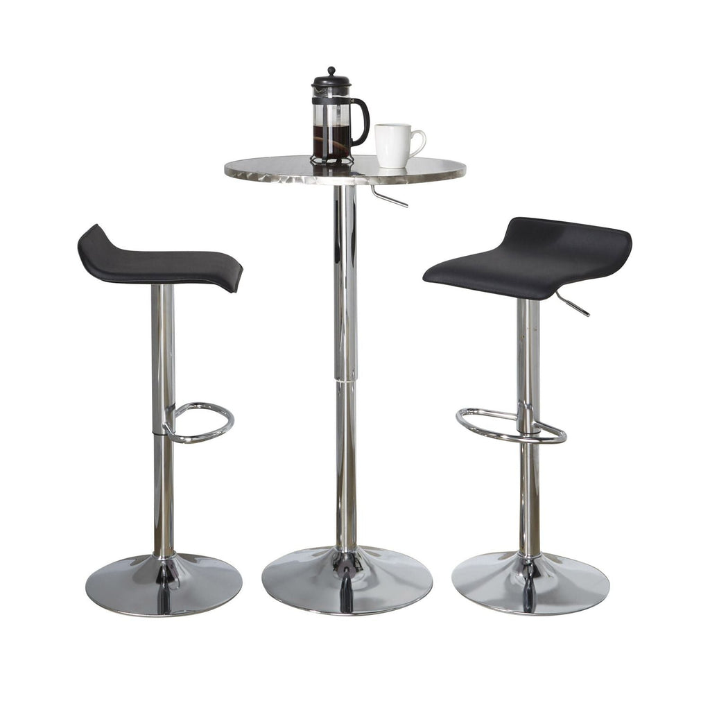 Bistro Round-Ale Contemporary Adjustable Bar Set in Silver and Chrome Metal with Black PVC and Oval Footrest by - 3 Piece