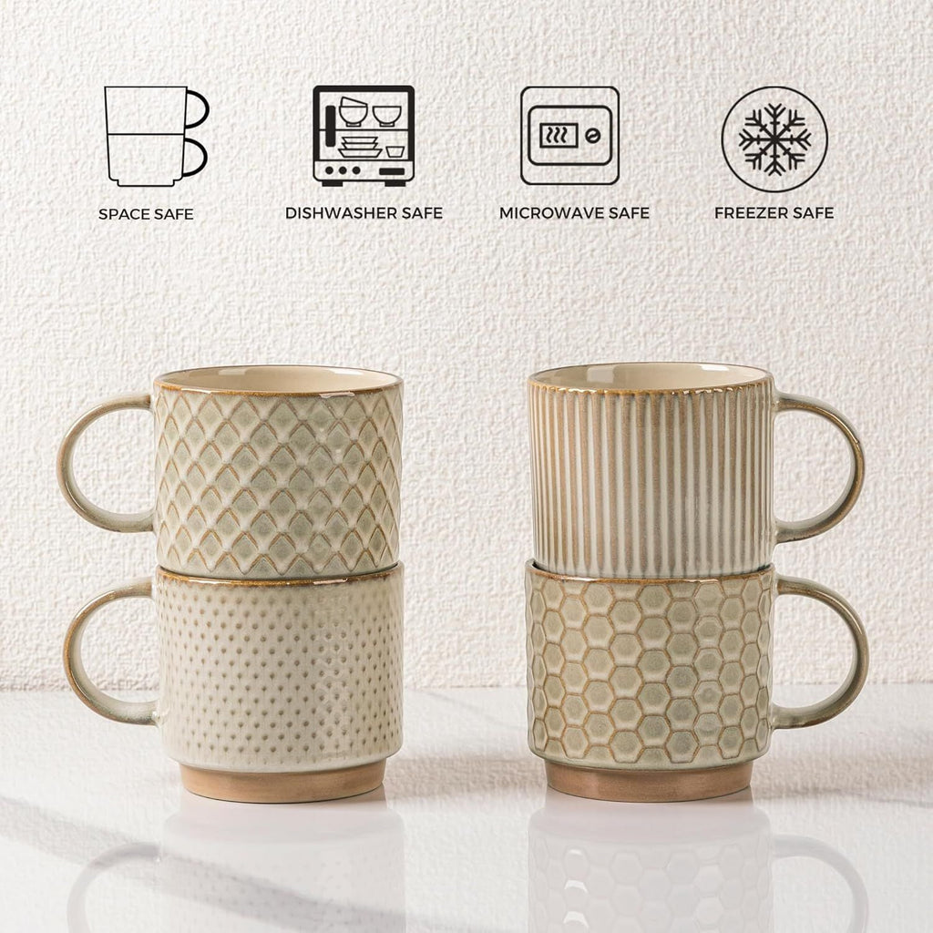 12OZ Stackable Coffee Mugs, Ceramic Coffee Mugs with Texture Patterns for Man,Woman,Dad,Mom, Modern Coffee Mugs Set of 4 for Latte/Cappuccino/Cocoa. Dishwasher&Microwave Safe, Pale Khaki