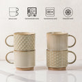 12OZ Stackable Coffee Mugs, Ceramic Coffee Mugs with Texture Patterns for Man,Woman,Dad,Mom, Modern Coffee Mugs Set of 4 for Latte/Cappuccino/Cocoa. Dishwasher&Microwave Safe, Pale Khaki