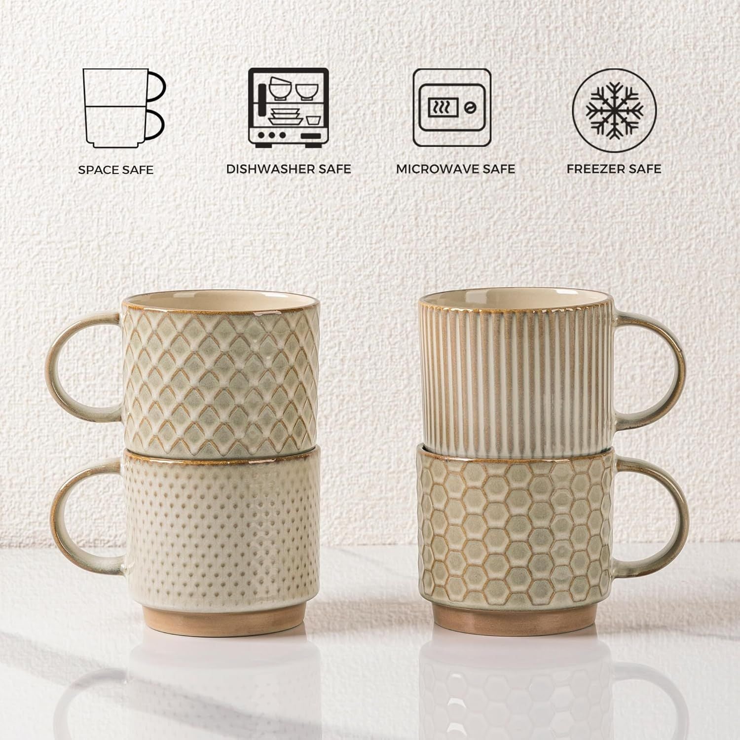 12OZ Stackable Coffee Mugs, Ceramic Coffee Mugs with Texture Patterns for Man,Woman,Dad,Mom, Modern Coffee Mugs Set of 4 for Latte/Cappuccino/Cocoa. Dishwasher&Microwave Safe, Pale Khaki