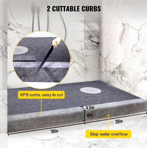 VEVOR Shower Curb Kit, 38"x60" Watertight Shower Curb Overlay with 4\" ABS Offset Bonding Flange, 4\" Stainless Steel Grate, 2 Cuttable Shower Curb and Trowel, Shower Pan Slope Sticks Fit for Bathro