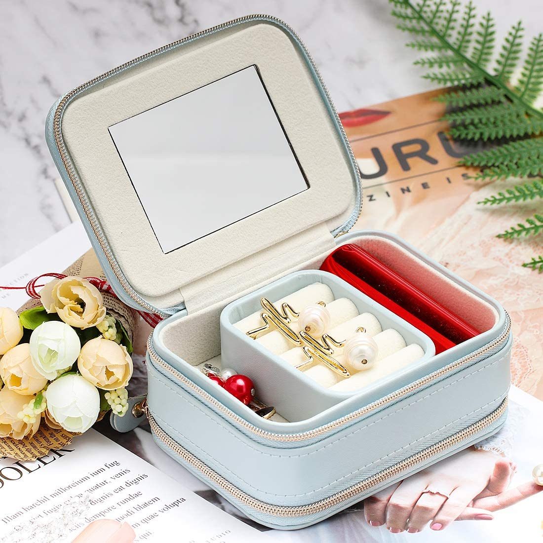 Jewelry Case with Double Zippers and Built-in Mirror Small Size PU Leather for Women and Girls Rings Earrings Necklace Organizer Jewelry Storage Box