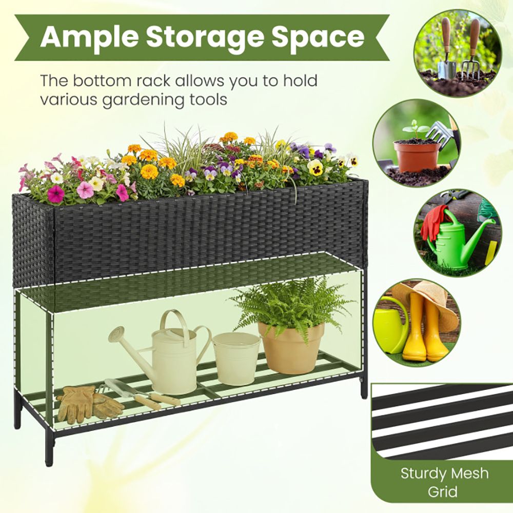 Raised Wicker Garden Bed with Storage Shelf and Removable Liner