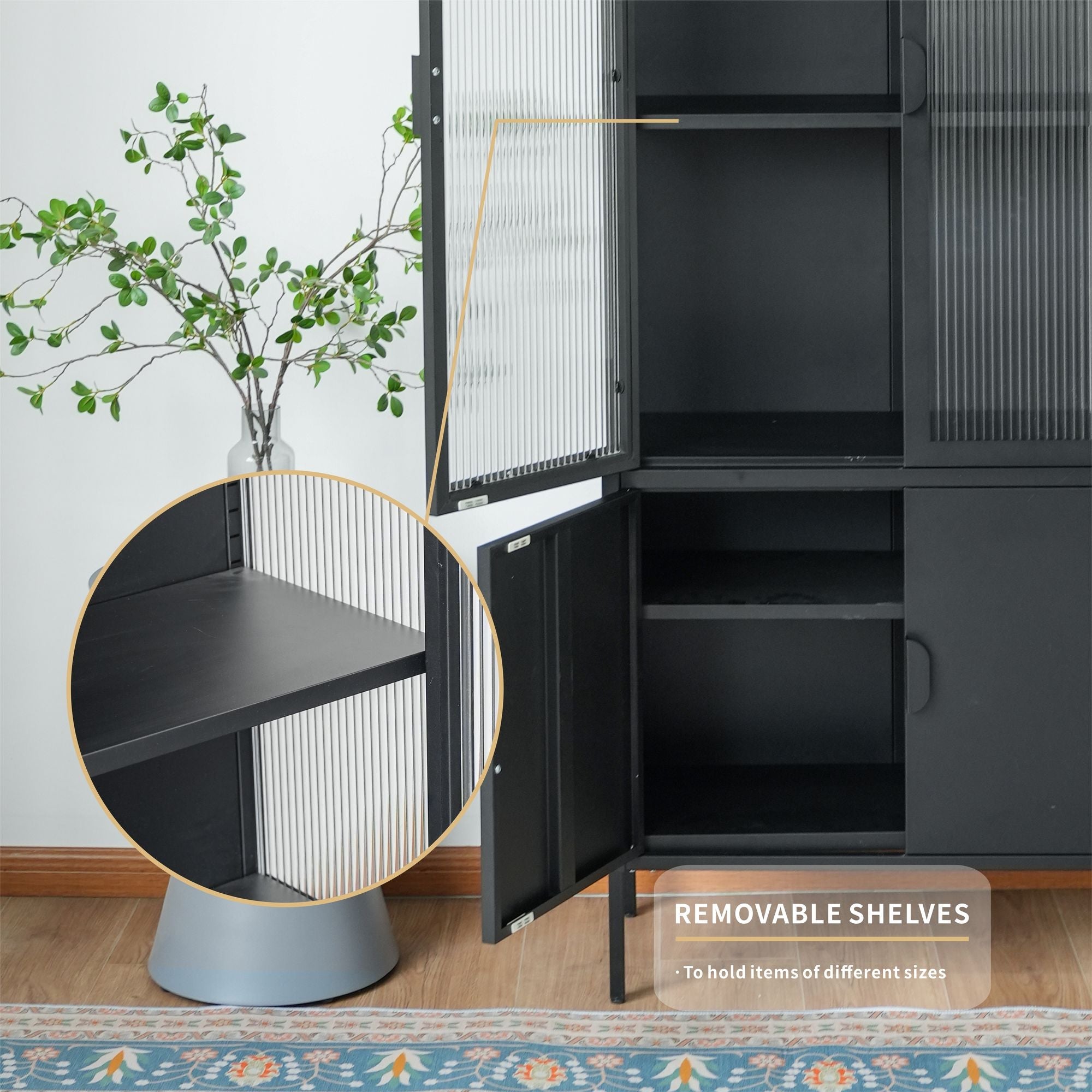 Elegant Matte Black Metal and Glass Storage Cabinet with Adjustable Shelves