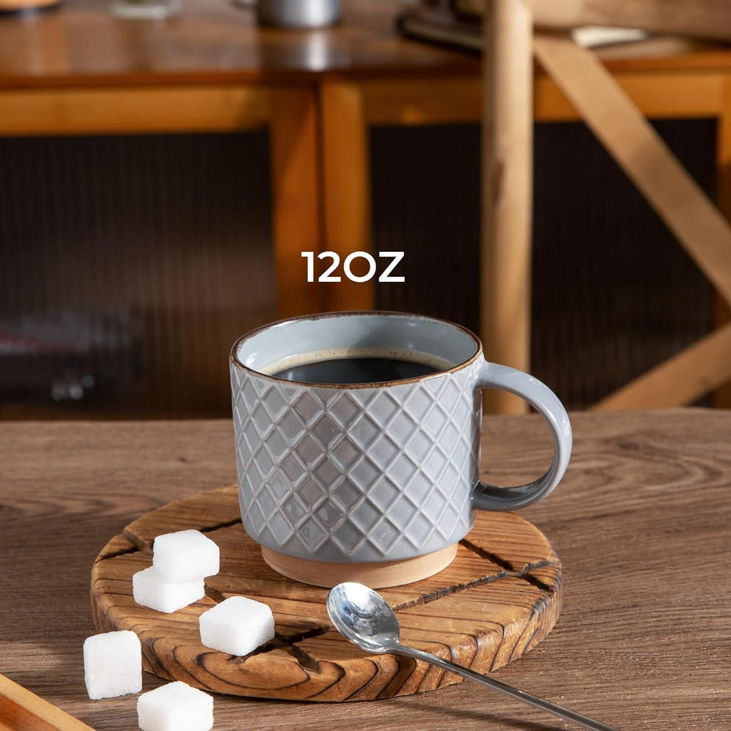 12OZ Stackable Coffee Mugs, Ceramic Coffee Mugs with Texture Patterns for Man,Woman,Dad,Mom, Modern Coffee Cups Set of 4 for Latte/Cappuccino/Cocoa. Dishwasher&Microwave Safe, Gray