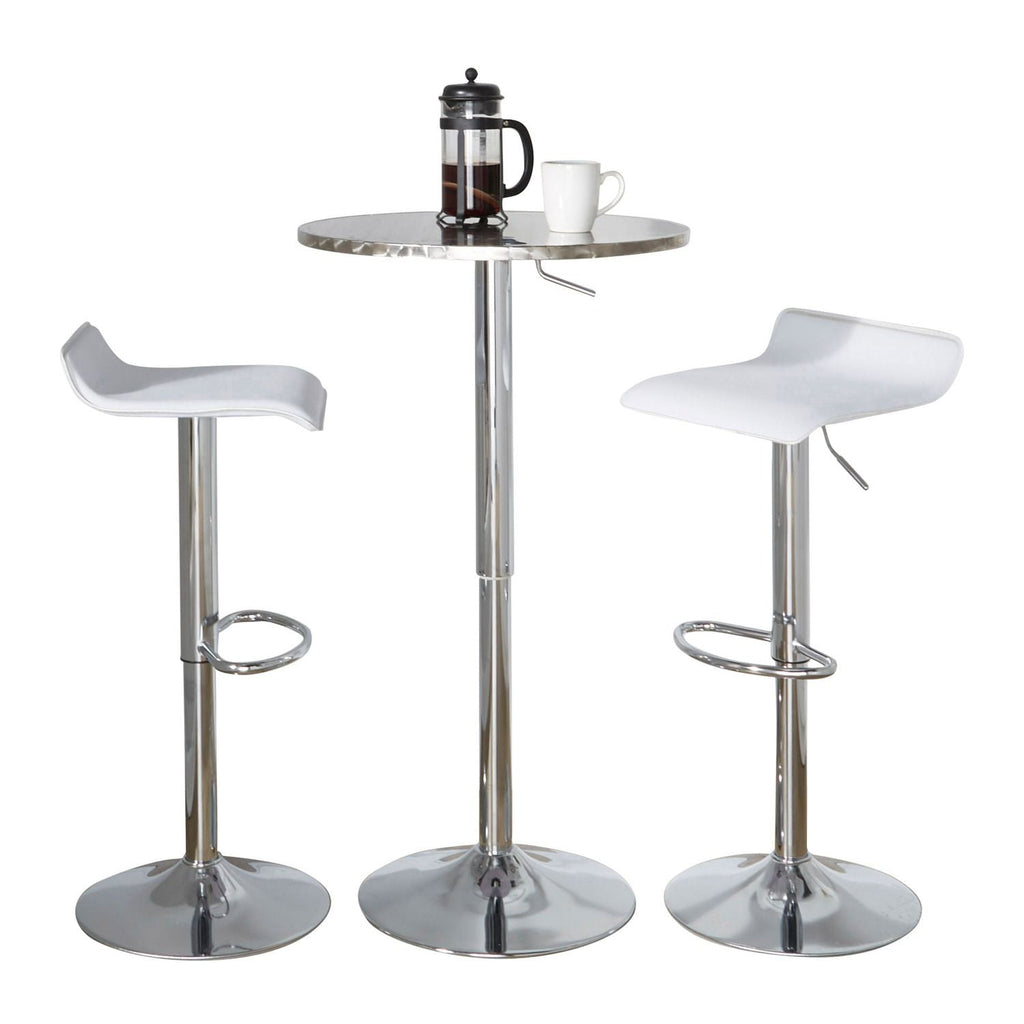 Bistro Round-Ale Contemporary Adjustable Bar Set in Silver and Chrome Metal with White PVC and Oval Footrest by - 3 Piece
