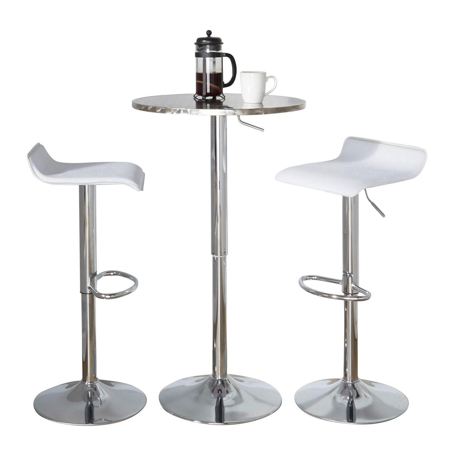 Bistro Round-Ale Contemporary Adjustable Bar Set in Silver and Chrome Metal with White PVC and Oval Footrest by - 3 Piece
