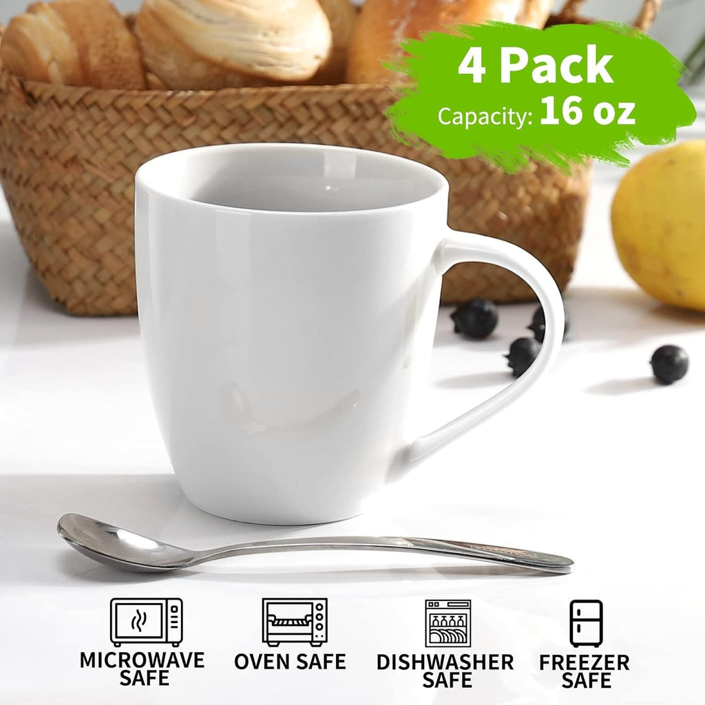 White Coffee Mugs Set of 4, 16 Ounce Mug with Handles, Ceramic Coffee Cups, Porcelain Mugs Sets, Large Coffee Mugs for Coffee, Tea, Hot Cocoa, Milk, Microwave and Dishwasher Safe