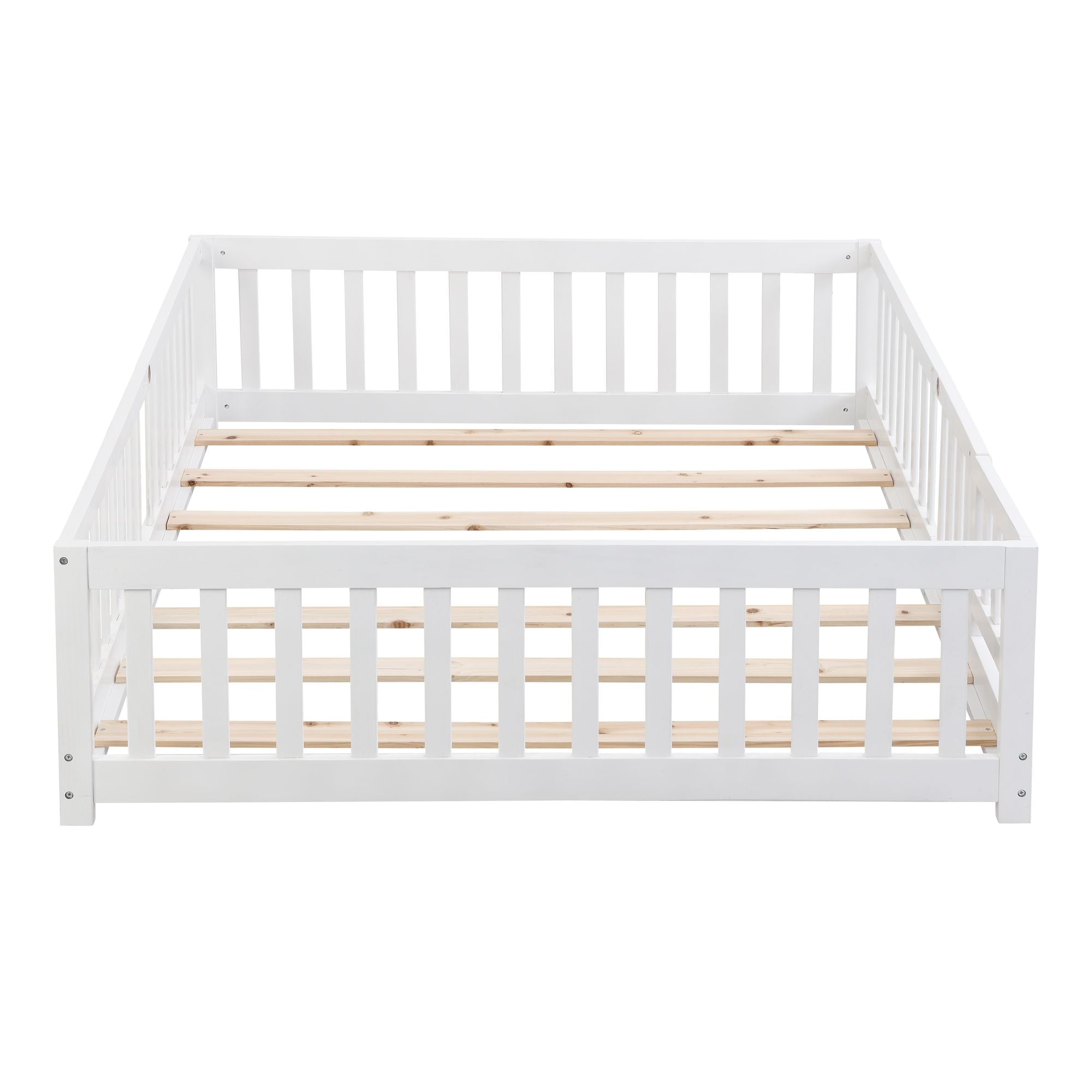 Full Size Floor Bed with Door, Solid Wood Platform Bed Frame with Fence, Suitable for children, Pine Wood