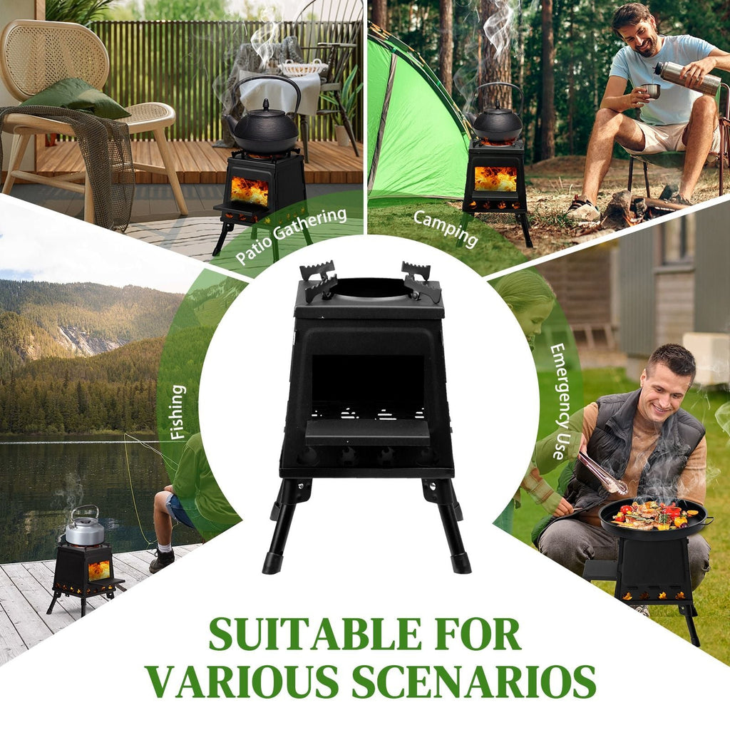 Portable Camping Stove with Detachable Iron Panels Black 27x27x34cm Lightweight Foldable Outdoor Wood Burning Fire Pit for Picnic BBQ Hiking Backpacking Compact Campfire Cooking Heater